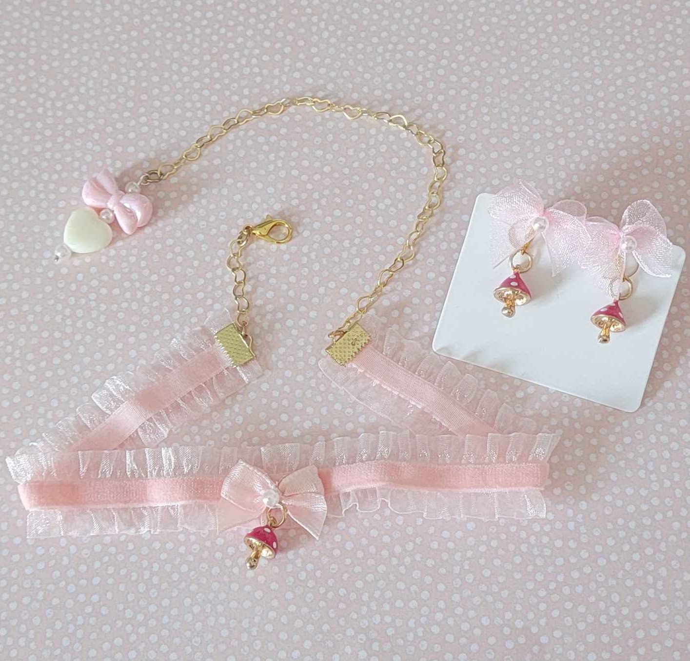 Pink Mushroom Earrings & Choker Set (Clip-on)