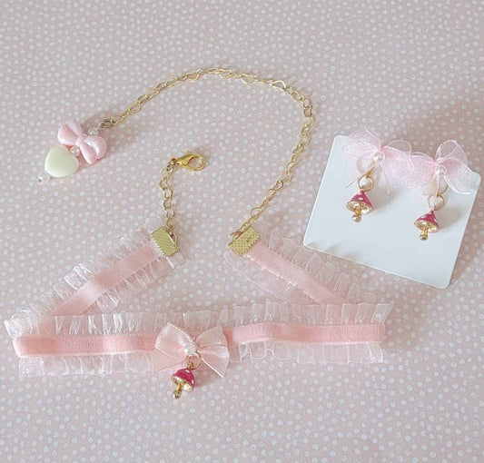 Pink Mushroom Earrings & Choker Set (Clip-on)